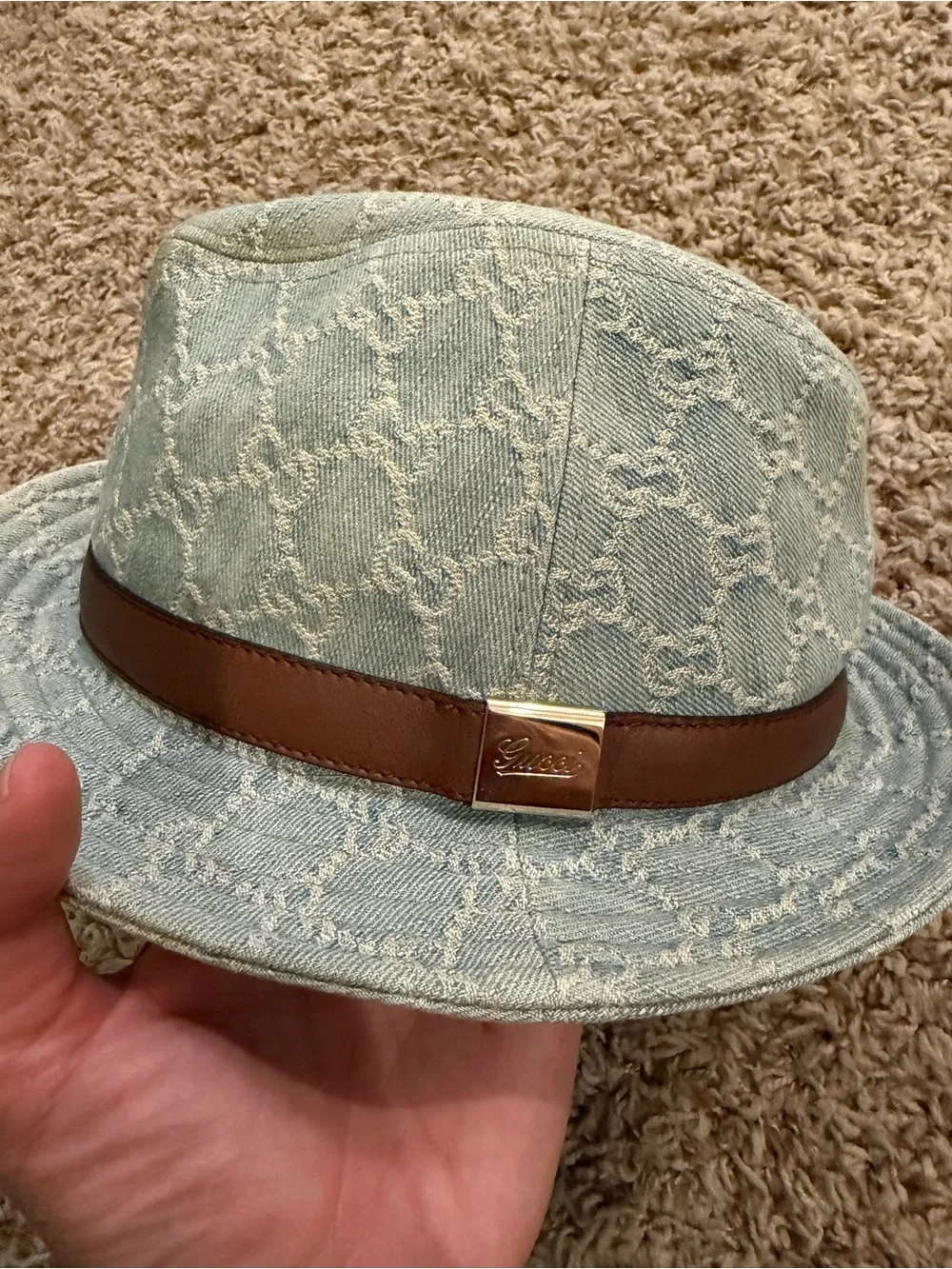 Gucci GG distressed denim fedora hat